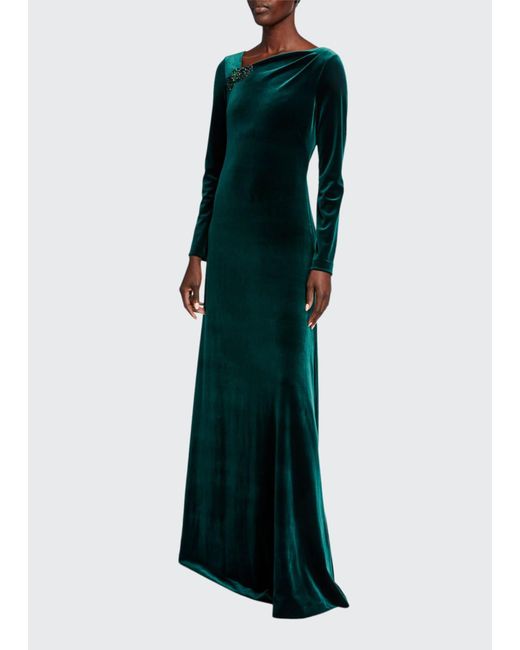 long sleeve green velvet gown