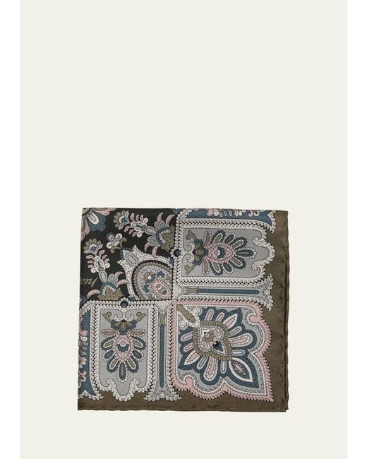Brioni Gray Silk Floral-paisley Pocket Square for men