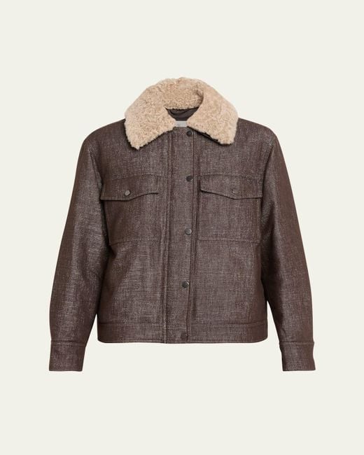 Brunello Cucinelli Brown Sparkling Wool-Blend Padded Jacket With Removable Shearling Collar