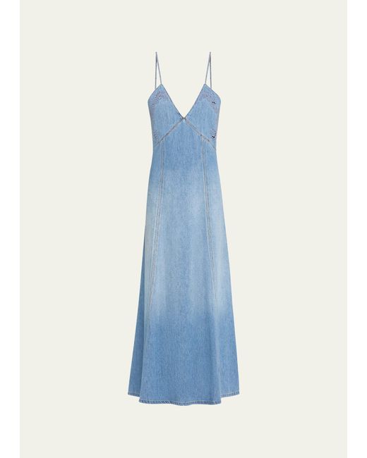 Chloé Blue Denim Maxi Dress With Eyelet Embroidery
