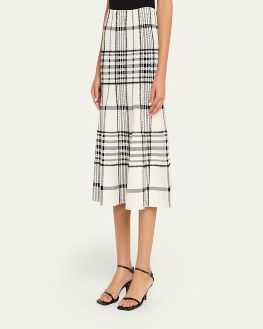 Brandon Maxwell White Rory Check Flare Midi Skirt