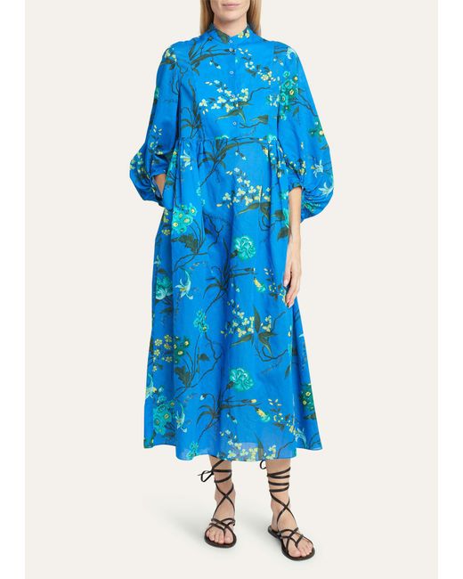 Erdem Blue Floral-print Long-sleeve Midi Shift Dress