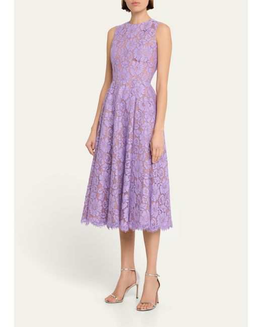 Michael Kors Purple Large Floral Lace Sleeveless Midi Dress