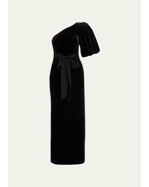 Cara Cara Black Lucia Bubble-sleeve Tie-sash Long Velvet Dress