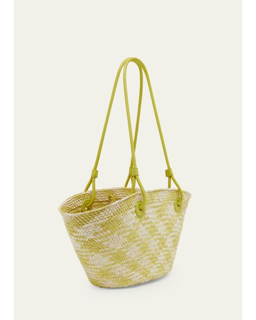 Loewe Natural X Paula's Ibiza Anagram Basket Shoulder Bag In Checkered Iraca Palm With Leather Handles