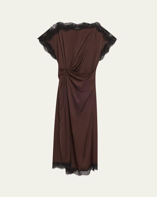 A.L.C. Brown Luna Satin Lace-Trim Midi Dress