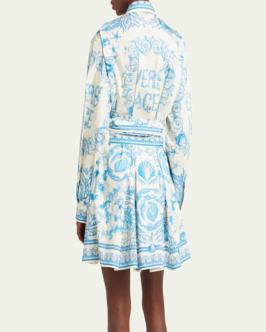 Versace Blue Pleated Baroque Scarf-Print Mini Shirtdress