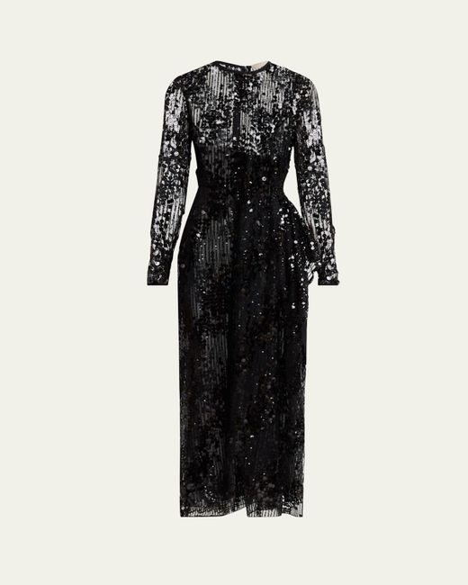 Elie Saab Black Sequined Long-Sleeve Midi Dress