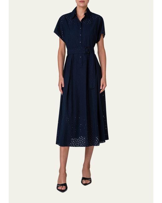 Akris Punto Blue Lasercut Grid Cotton Popeline Dress With Belt