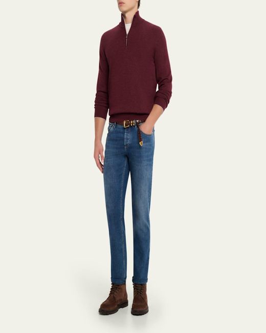 Brunello Cucinelli Red Cashmere Quarter-Zip Sweater for men
