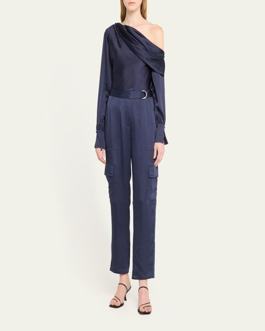 Jonathan Simkhai Blue Alice Draped Satin One-Shoulder Top