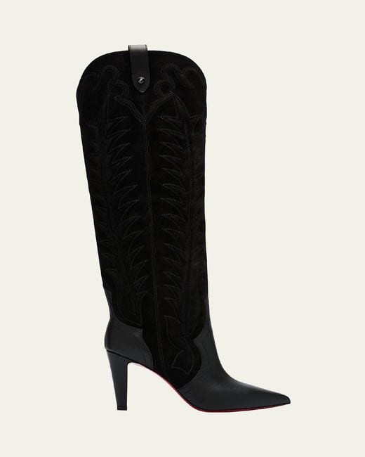 Christian Louboutin Black 85Mm Santia Mixed Leather Suede Knee-High Western Boots