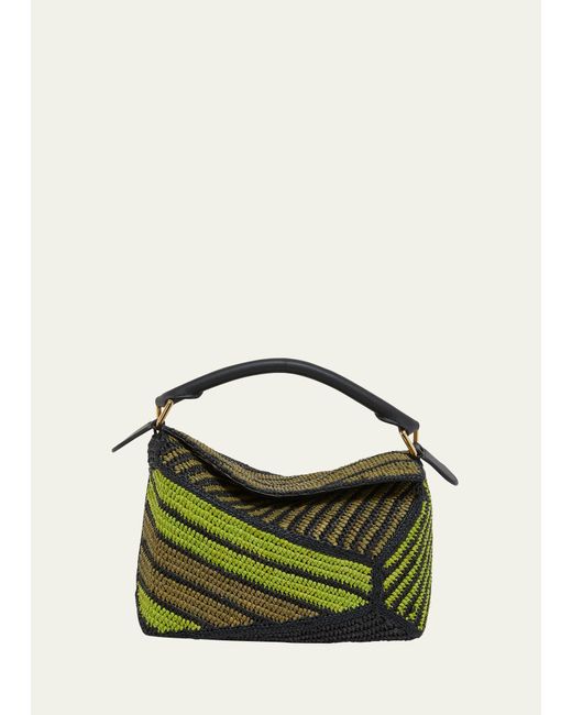 Loewe Green X Paula's Ibiza Puzzle Edge Small Top-handle Bag In Striped Raffia
