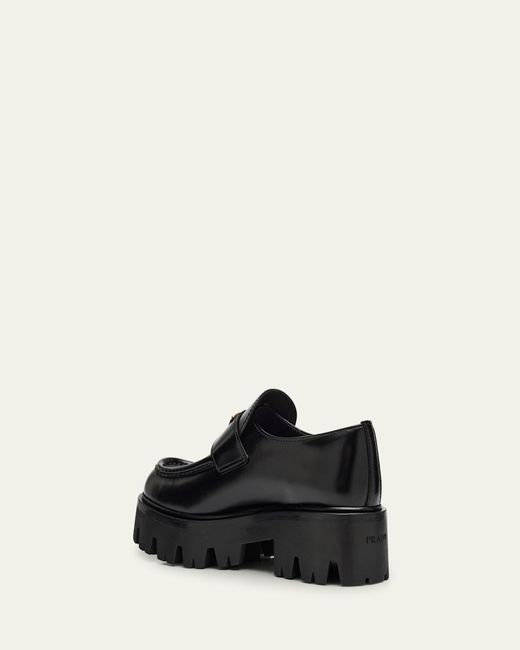 Prada Black Platform Leather Triangle Logo Loafers