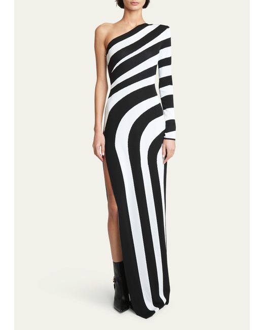 Balmain White One-shoulder Striped Knit Gown With Slit