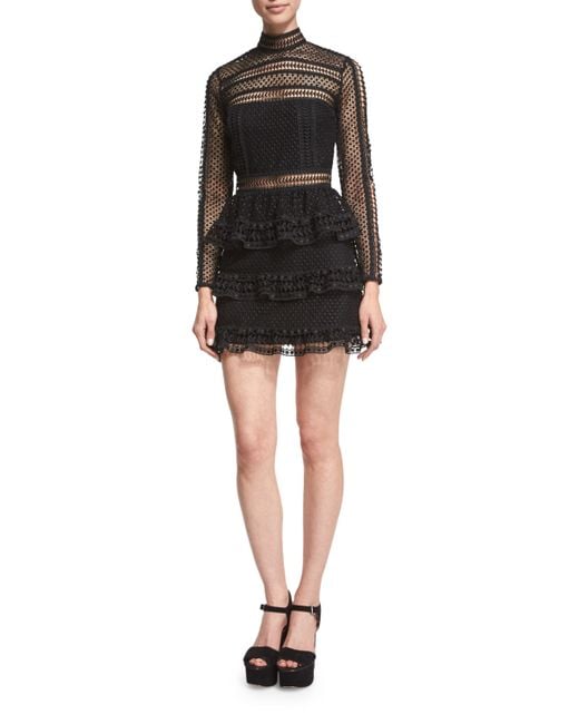 Self-Portrait Black Long-sleeve Tiered Lace Mini Dress