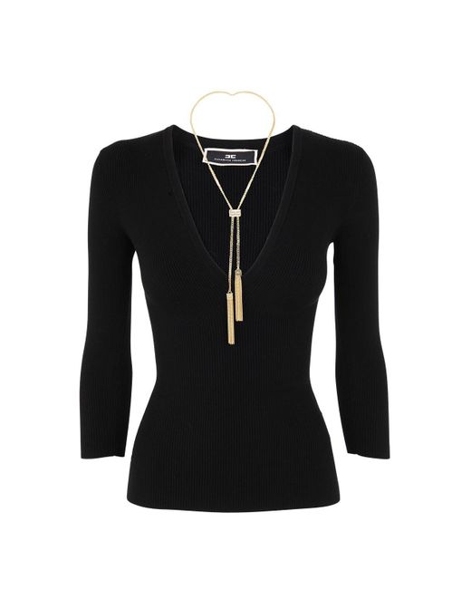 Elisabetta Franchi Black Knit V-neck Chain Shirt