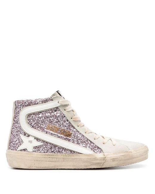 Golden Goose Deluxe Brand White "Slide" Glitter Upper Suede Toe Shiny Leather Star And Wa