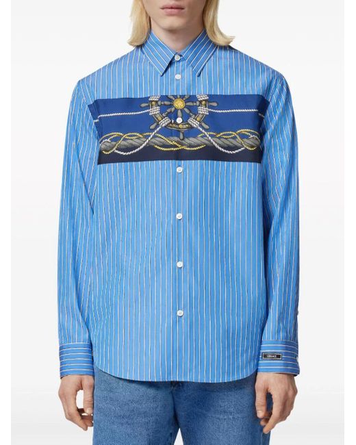 Versace Blue Informal Shirt Striped Poplin Fabric Printed Inserts for men
