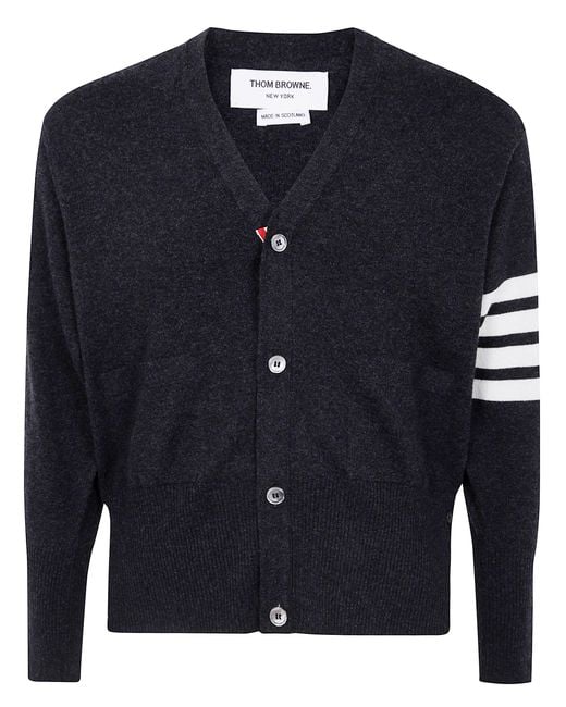 Thom Browne Black Classic Short V Neck Cardigan With Bar Stripe for men