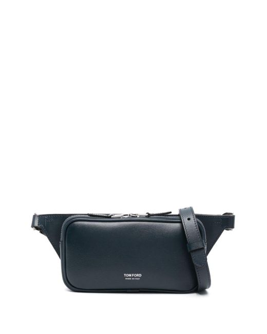 Tom Ford Blue Horizontal Grain Leather Small Zipper Belt Bag Bags for men