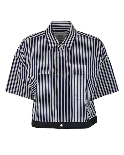 Sacai Blue Short Sleeved Striped Cropped Shirt