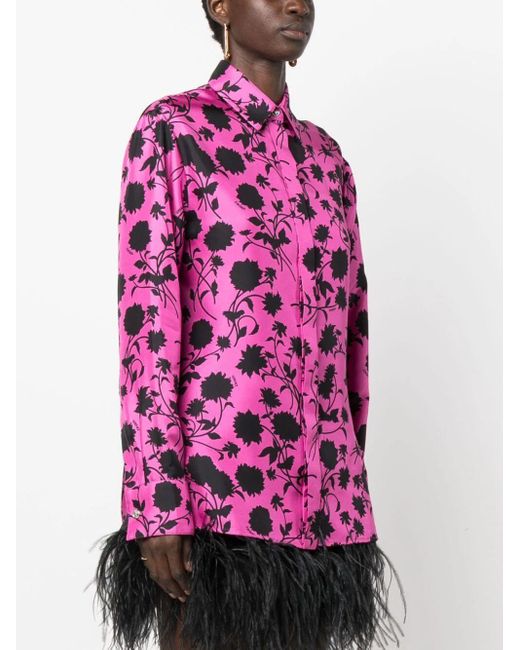 Versace Pink Informal Shirt Floral Silhouette Print Twill Silk Fabric 50%