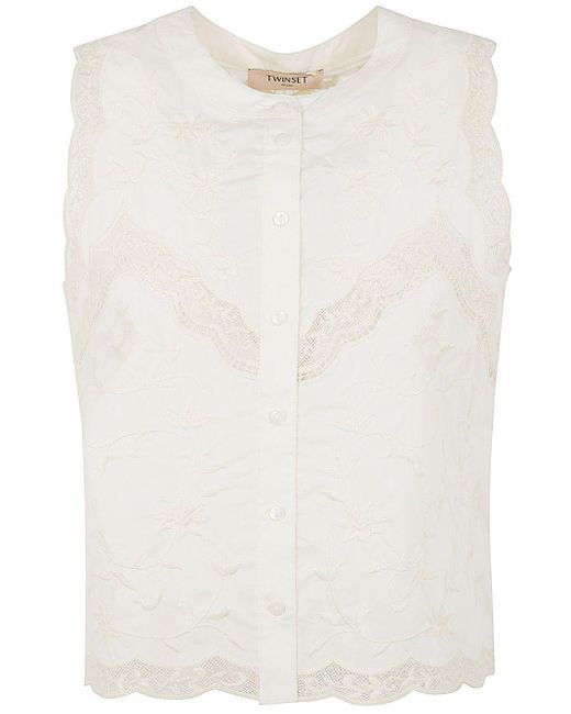 Twin Set White Embroidered Sleeveless Shirt