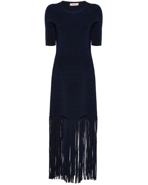 Twin Set Blue Short Sleeves Long Dress With Fringes