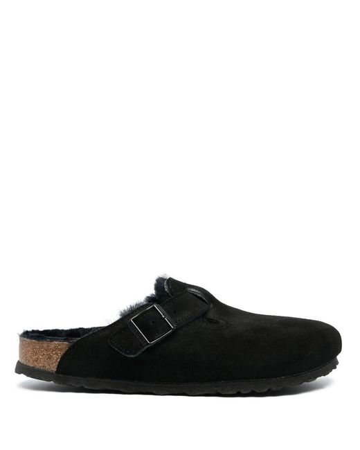 Birkenstock Black 'Boston' Shearling Suede Leather Slippers