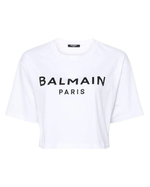 Balmain White Printed Cropped T-Shirt