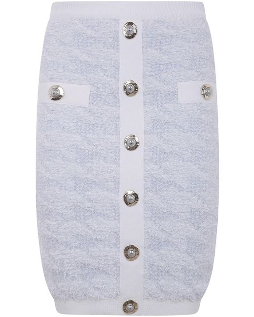 Balmain Blue Buttoned Tweed Knee Length Skirt