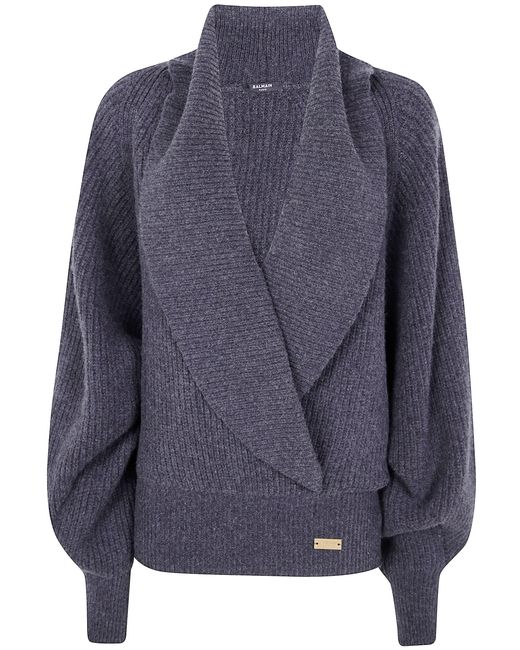 Balmain Black Batwing Open Neck Ribbed Knit Pull