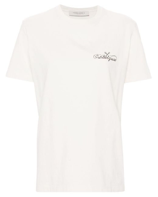 Golden Goose Deluxe Brand White Cotton T-shirt With Cursive Logo Printed On The Front.