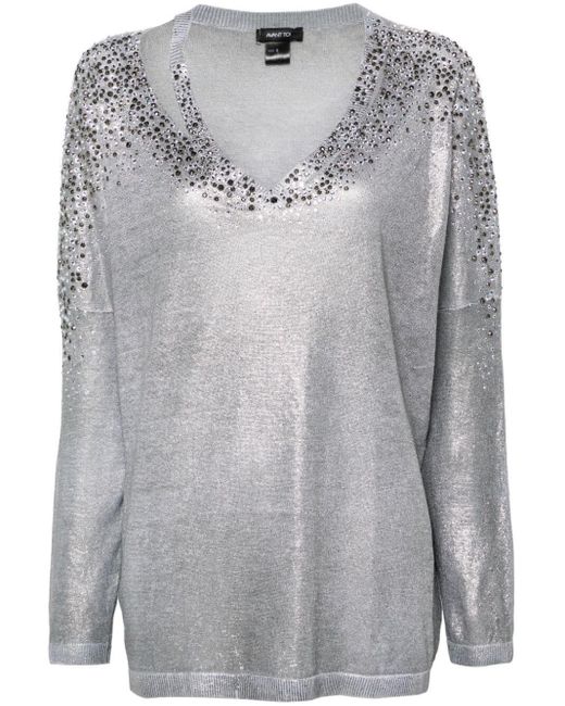 Avant Toi Gray Linen Cotton V-neck Pullover With Lamination And Strass