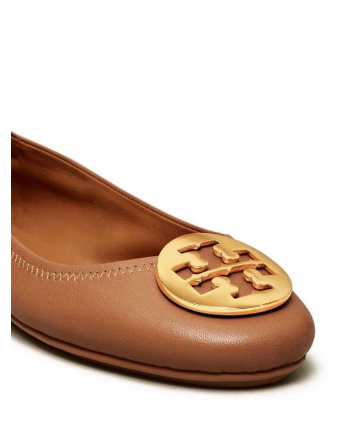 Tory Burch Brown Minnie Travel Ballet With Metal Logo Shoes