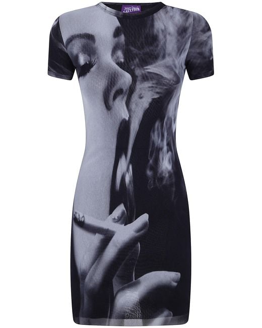 Jean Paul Gaultier Blue Short Dress Printed "Smoking