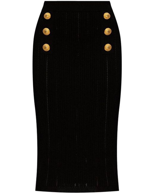 Balmain Black Buttoned Knit Midi Skirt