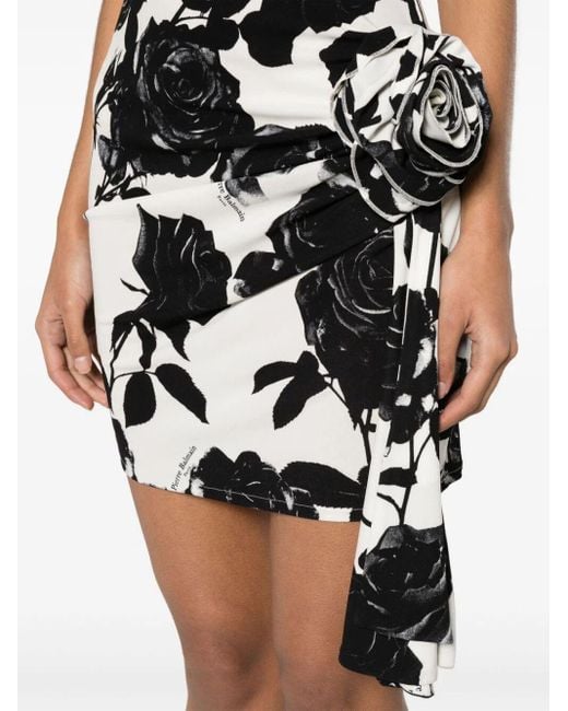 Balmain Black Thin Strap Rose Print Draped Short Dress