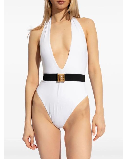Balmain White Belted Swimsuit