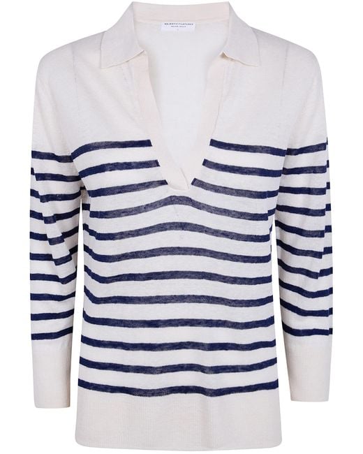 Majestic White Oversized Linen 100 Stripes Polo Shirt
