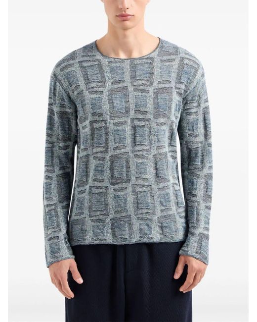 Giorgio Armani Blue Jacquard Crew Neck Sweater for men