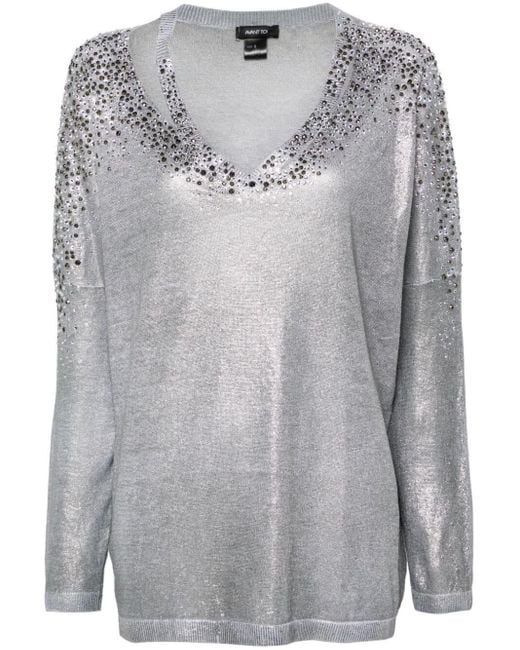 Avant Toi Gray Linen Cotton V-Neck Pullover With Lamination And Strass
