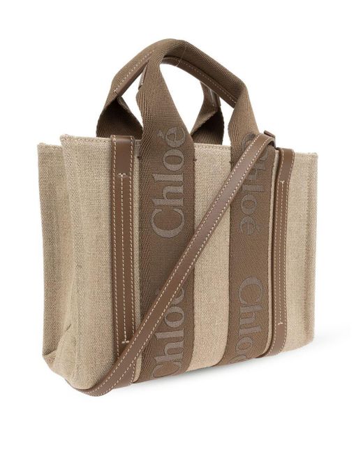 Chloé Brown Small Woody Logo-strap Linen Tote Bag