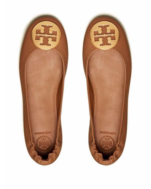 Tory Burch Brown Minnie Travel Ballet With Metal Logo Shoes