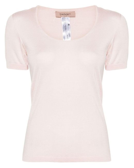 Twin Set Pink Short Sleeves Wide Neck Sweater