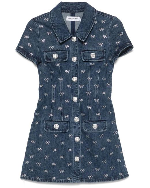 Self-Portrait Blue Denim Diamante Bow Mini Dress