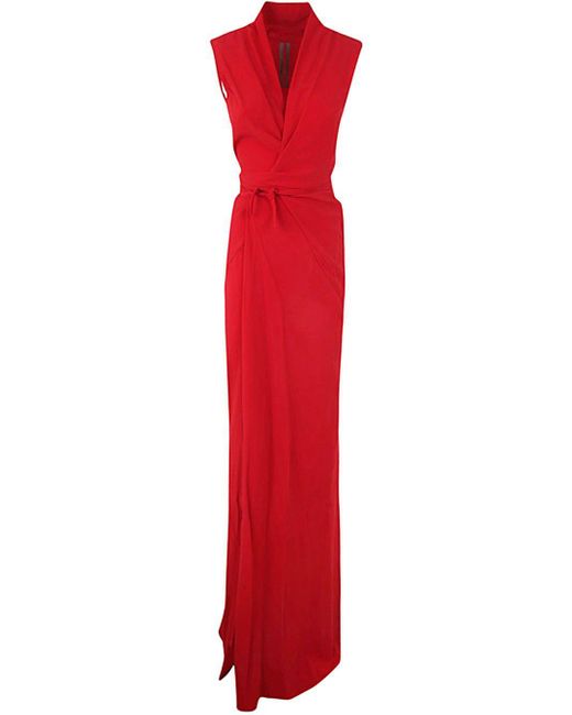 Rick Owens Red Sleeveless Long Wrap Gown Dress Clothing