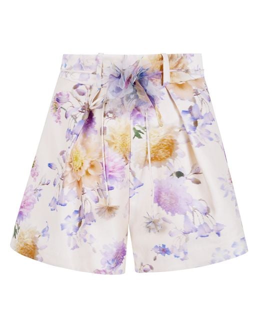 Zimmermann White High-Rise Waist Shorts With Pintucks And Floral Belt