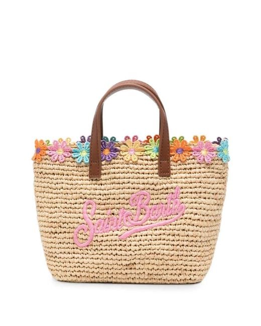 Mc2 Saint Barth Pink Mini City Flower-Embroidered Logo-Embroidered Tote Bag